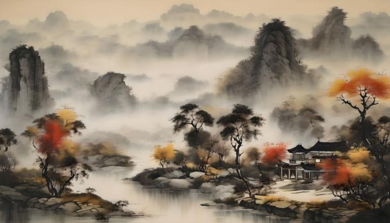 Chinese Paintings,Chinese Paintings, Nature, landscape, no humans, scenery, tree, architecture, outdoors, fog