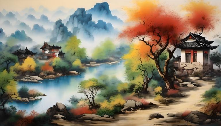 Chinese Paintings,Chinese Paintings, Nature, landscape, no humans, scenery, tree, outdoors, mountain