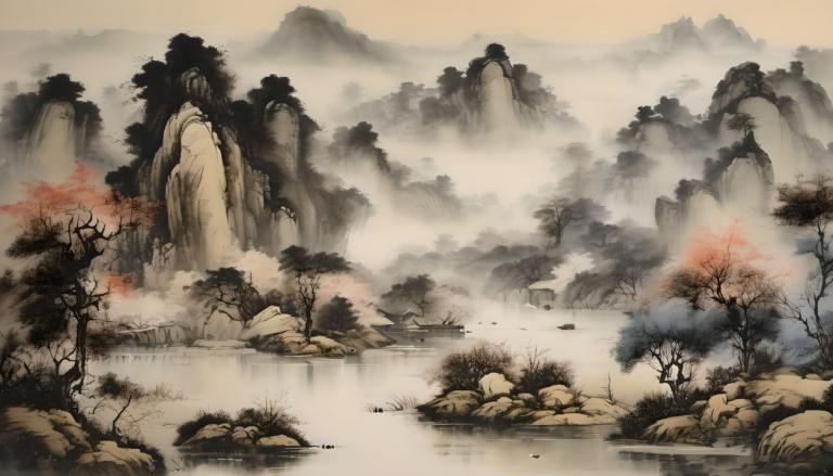 Chinese Paintings,Chinese Paintings, Nature, landscape, tree, water, scenery, fog, mountain, solo, nature