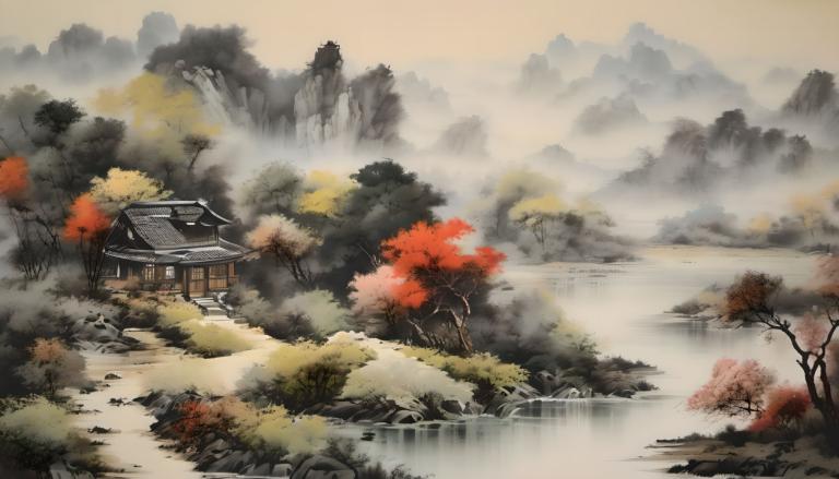 Chinese Paintings,Chinese Paintings, Nature, landscape, no humans, scenery, tree, outdoors, water, mountain