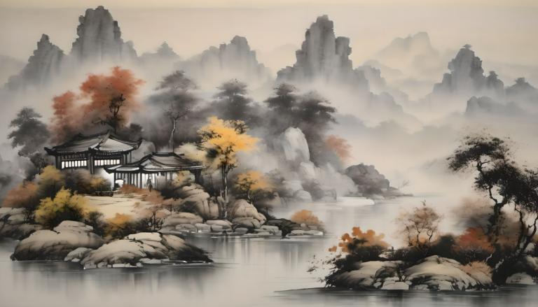 Chinese Paintings,Chinese Paintings, Nature, landscape, no humans, scenery, tree, mountain, outdoors, water