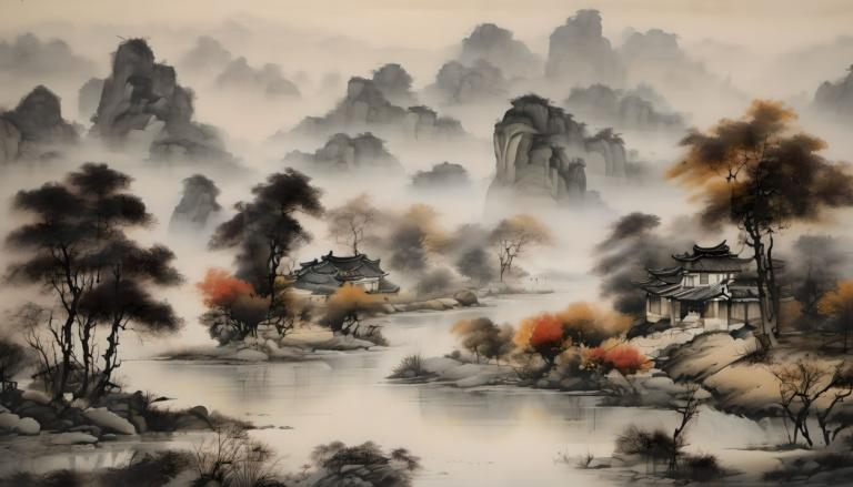 Chinese Paintings,Chinese Paintings, Nature, landscape, no humans, tree, scenery, fog, architecture