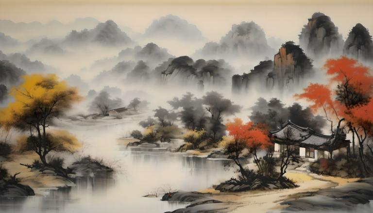 Chinese Paintings,Chinese Paintings, Nature, landscape, scenery, tree, no humans, mountain, water, outdoors