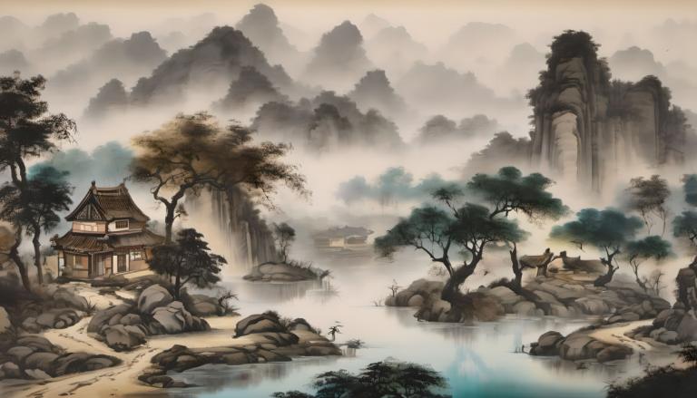 Chinese Paintings,Chinese Paintings, Nature, landscape, no humans, tree, scenery, water, outdoors, nature