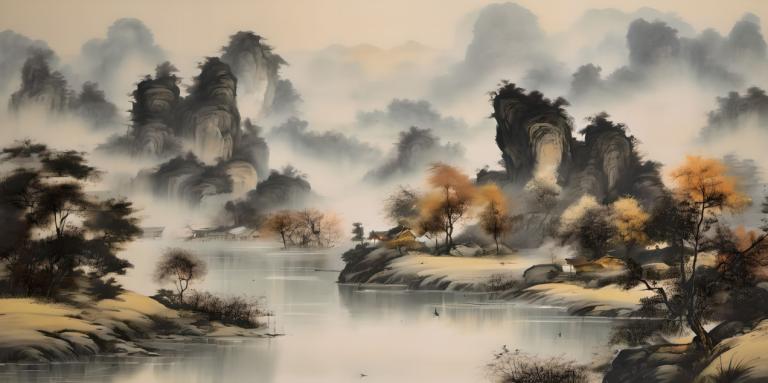 Chinesische Gemälde,Chinesische Gemälde, Natur, Landschaft, Landschaft, Baum, keine Menschen, Wasser, draußen