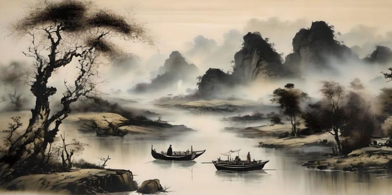 Chinesische Gemälde,Chinesische Gemälde, Natur, Landschaft, keine Menschen, Wasserfahrzeug, Baum, Landschaft