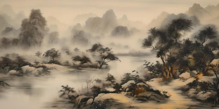 Chinese Paintings,Chinese Paintings, Nature, landscape, no humans, tree, scenery, outdoors, rock, nature