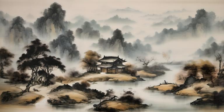 Chinese Paintings,Chinese Paintings, Nature, landscape, no humans, scenery, tree, fog, outdoors, mountain