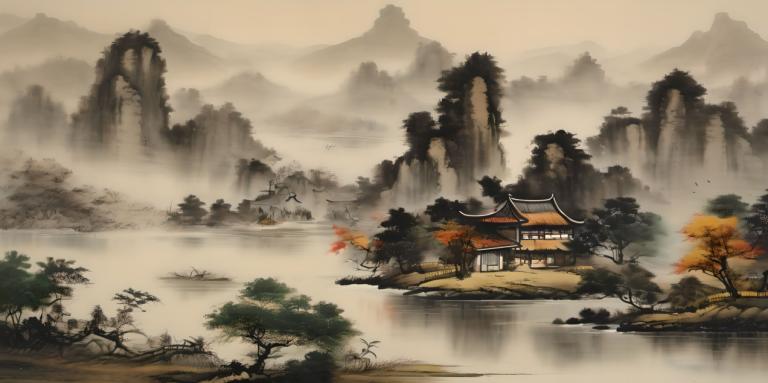 Chinese Paintings,Chinese Paintings, Nature, landscape, no humans, scenery, tree, mountain, architecture