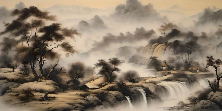 Chinese Paintings,Chinese Paintings, Nature, landscape, tree, scenery, water, nature, waterfall, river