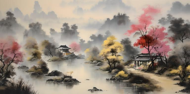 Chinese Paintings,Chinese Paintings, Nature, landscape, tree, scenery, no humans, east asian architecture