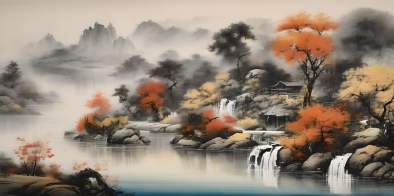 Chinese Paintings,Chinese Paintings, Nature, landscape, no humans, waterfall, tree, scenery, water, outdoors