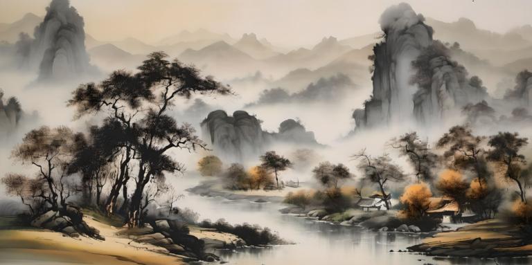 Chinese Paintings,Chinese Paintings, Nature, landscape, no humans, tree, scenery, outdoors, mountain