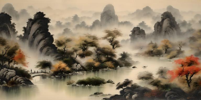 Chinese Paintings,Chinese Paintings, Nature, landscape, no humans, scenery, tree, water, waterfall, fog