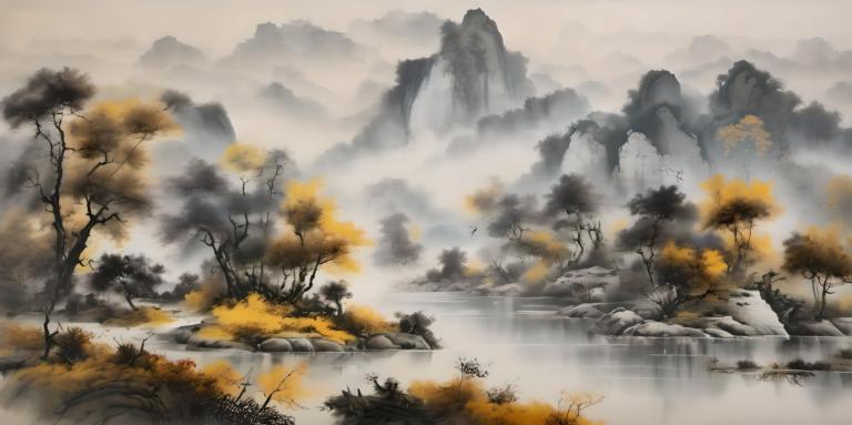 Chinese Paintings,Chinese Paintings, Nature, landscape, no humans, scenery, tree, fog, outdoors, water