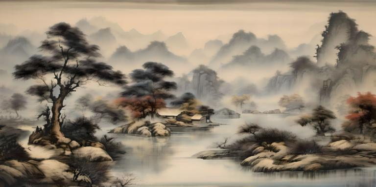 Chinese Paintings,Chinese Paintings, Nature, landscape, no humans, tree, scenery, fog, water, waterfall