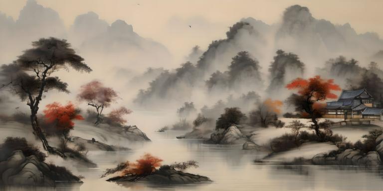 Chinese Paintings,Chinese Paintings, Nature, landscape, no humans, scenery, tree, east asian architecture