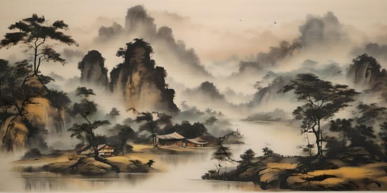 Chinese Paintings,Chinese Paintings, Nature, landscape, tree, scenery, no humans, outdoors, cloud, mountain