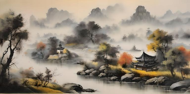 中国絵画,中国絵画, 自然, 風景, 人間がいない, 景色, 木, 建築, 東アジアの建築, 屋外, 霧, 山, 水, 自然, ロック, 川, 空, 風景, 雲, 建物, 石灯籠