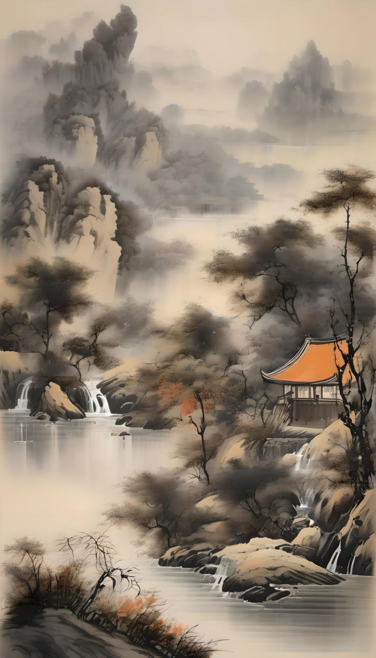 中国絵画,中国絵画, 自然, 風景, 人間がいない, 滝, 景色, 水, 木, 山, 屋外, 自然, 建築, 霧, 川, 東アジアの建築, ロック