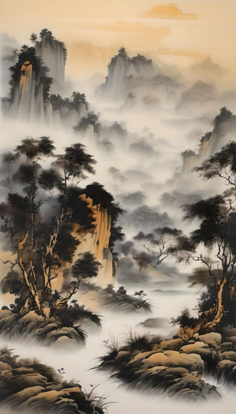 中国絵画,中国絵画, 自然, 風景, 人間がいない, 景色, 木, 自然, 山, 屋外, 雲, 滝, 空, 風景, 水, 川, 森, 崖