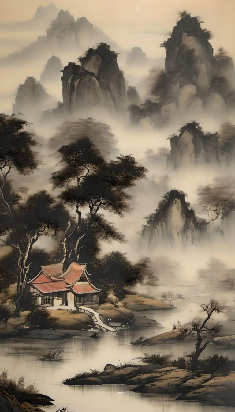 Peintures chinoises,Peintures chinoises, Nature, paysage, pas d'humains, arbre, paysage, montagne, eau