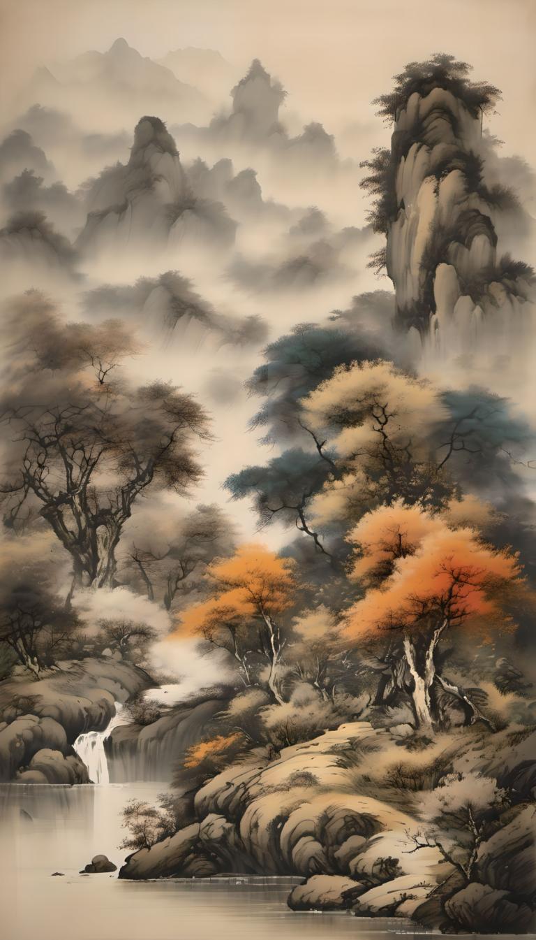 Chinese Paintings,Chinese Paintings, Nature, landscape, waterfall, no humans, tree, scenery, water, nature