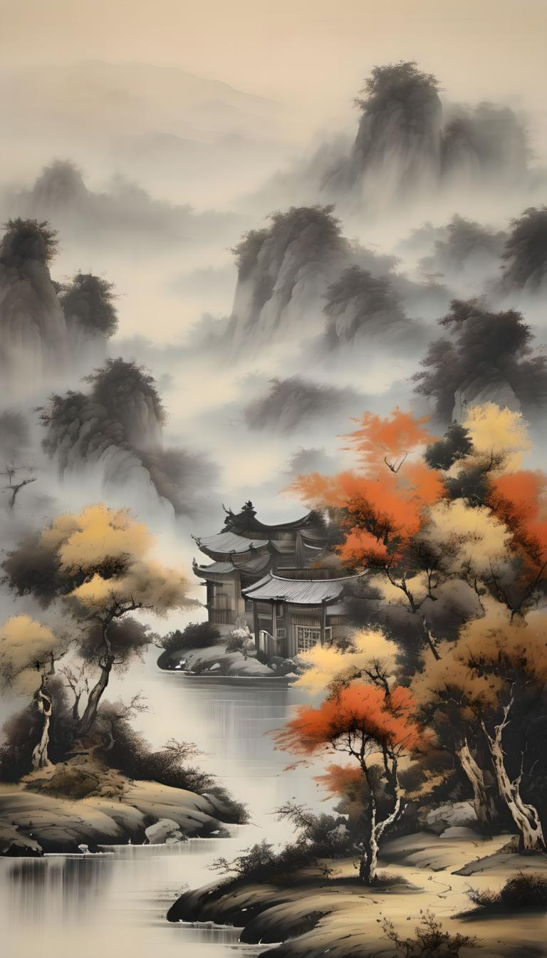 Chinese Paintings,Chinese Paintings, Nature, landscape, no humans, scenery, tree, architecture