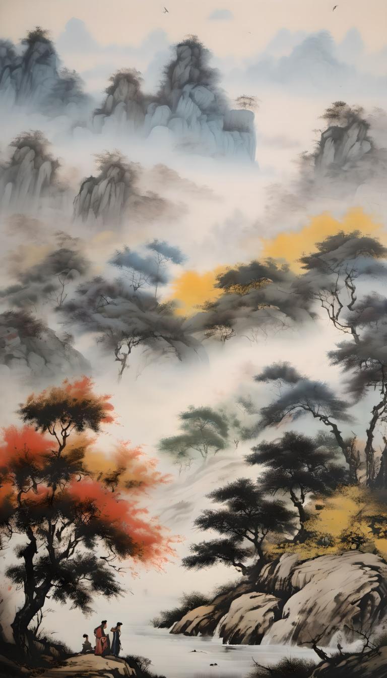 中国絵画,中国絵画, 自然, 風景, 木, 景色, 屋外, 自然, 男の子1名, 滝, 水, 1女の子, 山, 風景