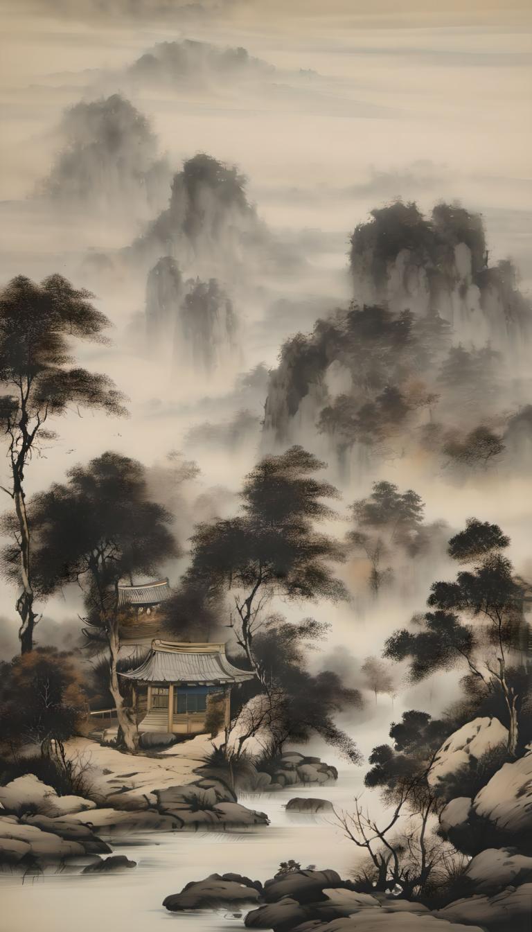 Chinese Paintings,Chinese Paintings, Nature, landscape, no humans, scenery, tree, outdoors, mountain, fog