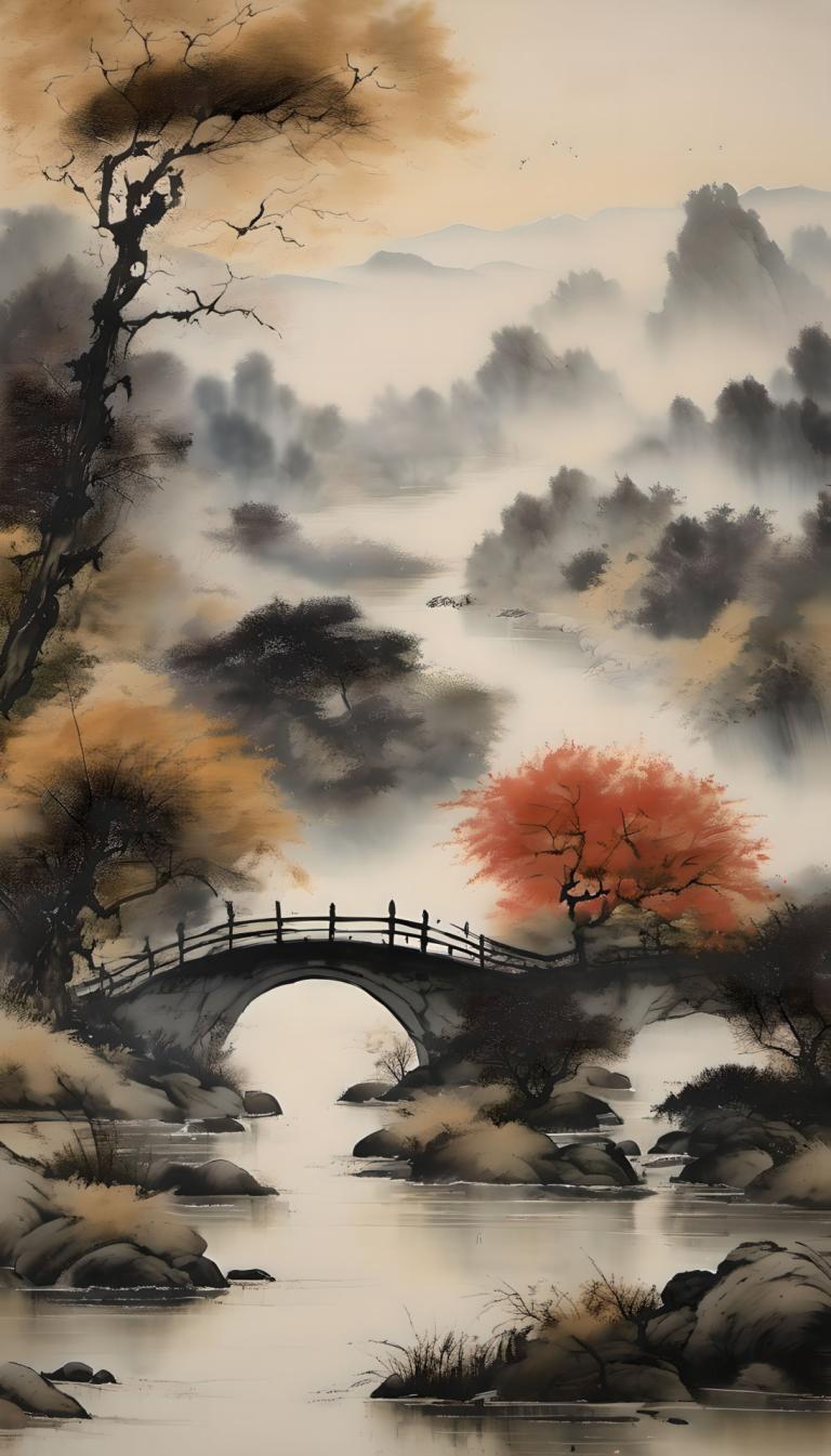 中国絵画,中国絵画, 自然, 風景, 木, 橋, 景色, 川, 人間がいない, 水, 山, 風景, 屋外, 霧, 自然, 秋, 湖