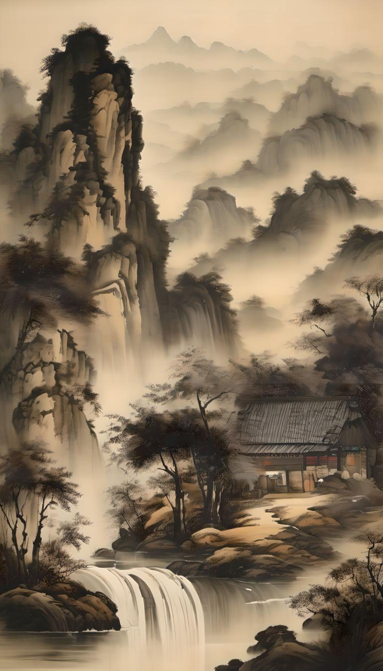 中国絵画,中国絵画, 自然, 風景, 人間がいない, 景色, 木, 水, 山, 屋外, 自然, 滝, 建築, 川, 東アジアの建築, ロック, 森, 建物