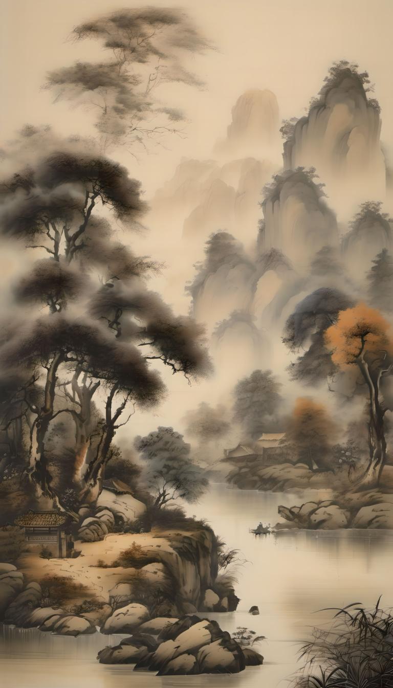 中国絵画,中国絵画, 自然, 風景, 人間がいない, 木, 景色, 自然, 山, 水, 屋外, 風景, ロック, 霧, 川, 森, 葉