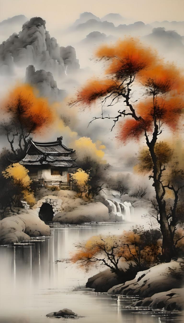 Chinese Paintings,Chinese Paintings, Nature, landscape, no humans, tree, scenery, waterfall, water