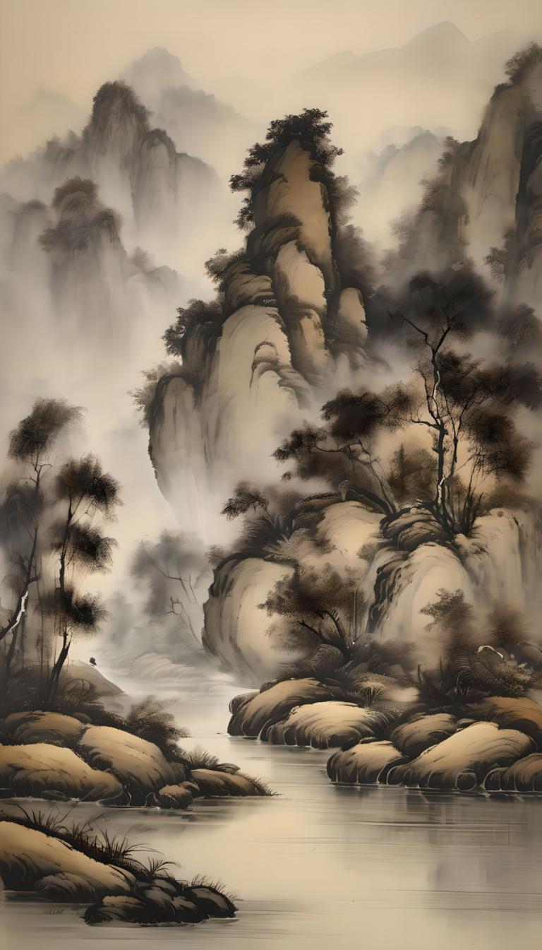 中国絵画,中国絵画, 自然, 風景, 人間がいない, 木, 景色, 山, 屋外, ロック, 霧, 自然, 水