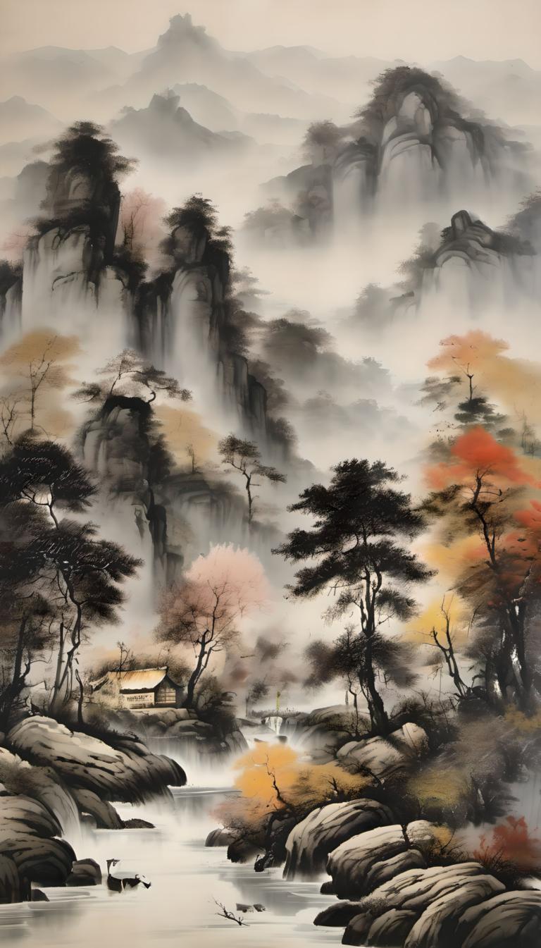 Chinese Paintings,Chinese Paintings, Nature, landscape, tree, scenery, no humans, nature, water, waterfall