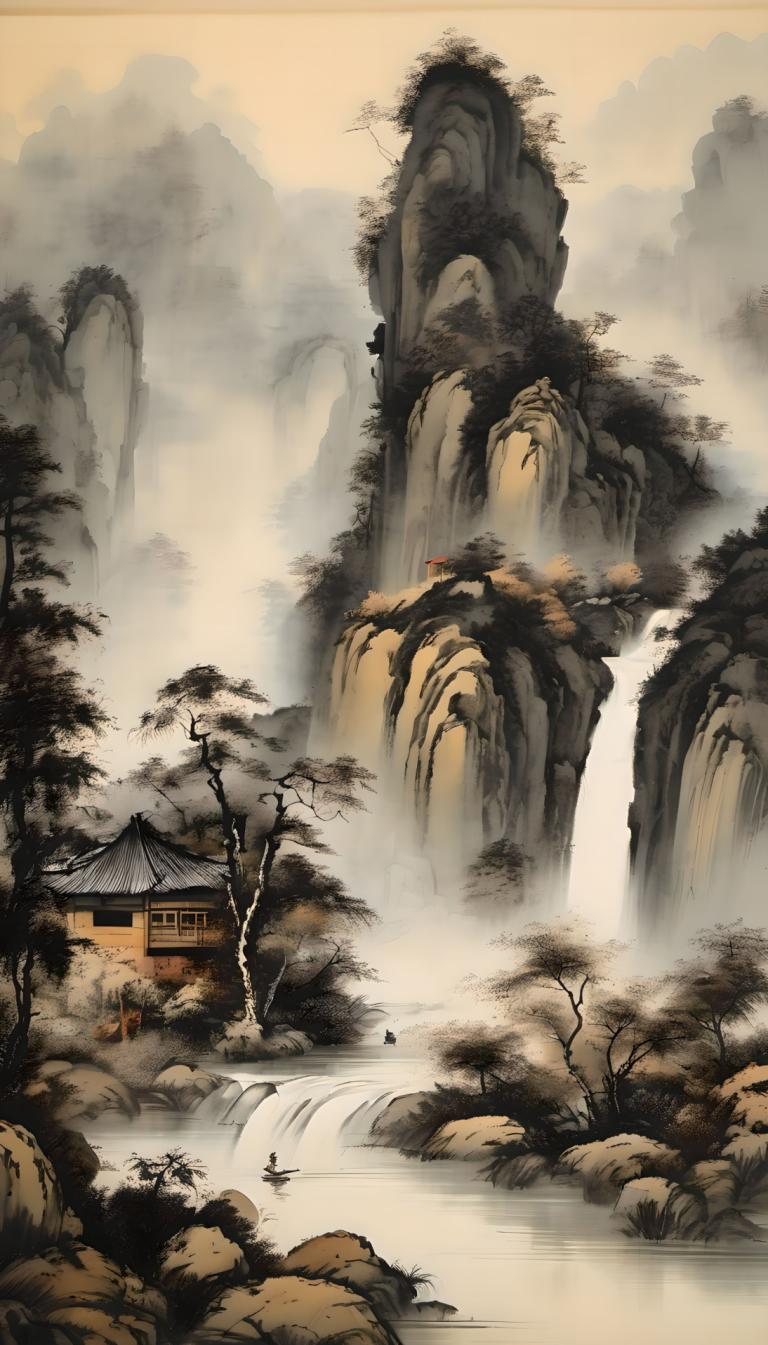 Chinese Paintings,Chinese Paintings, Nature, landscape, scenery, tree, no humans, water, waterfall, nature