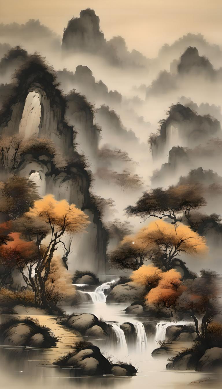 Chinese Paintings,Chinese Paintings, Nature, landscape, no humans, waterfall, scenery, tree, water, outdoors