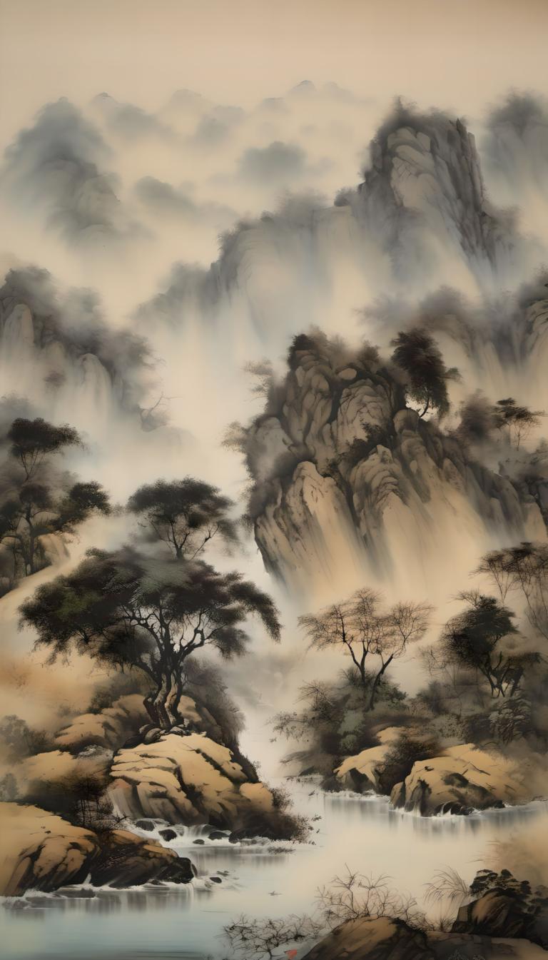 Chinese Paintings,Chinese Paintings, Nature, landscape, no humans, scenery, tree, water, waterfall, river