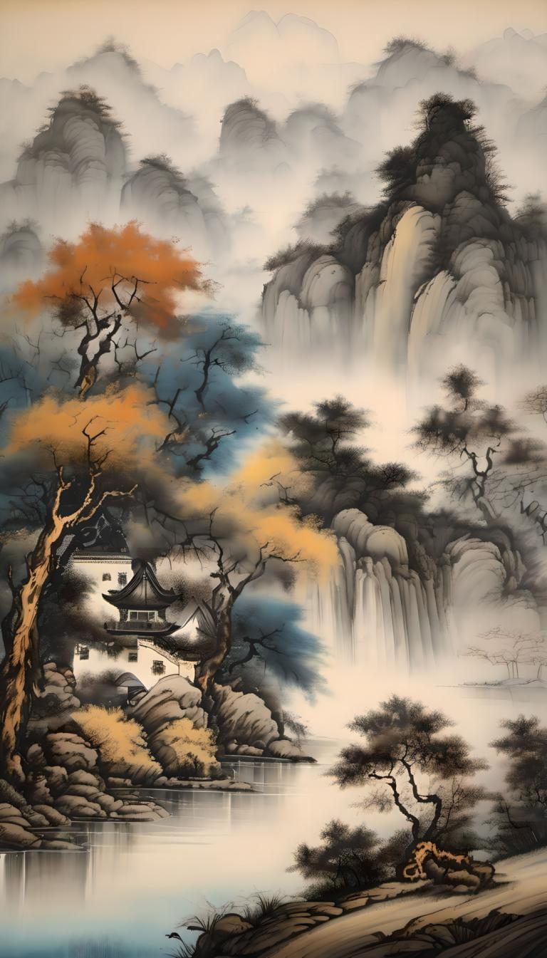 中国絵画,中国絵画, 自然, 風景, 木, 人間がいない, 景色, 水, 滝, 建築, 自然, 川, 東アジアの建築, 屋外