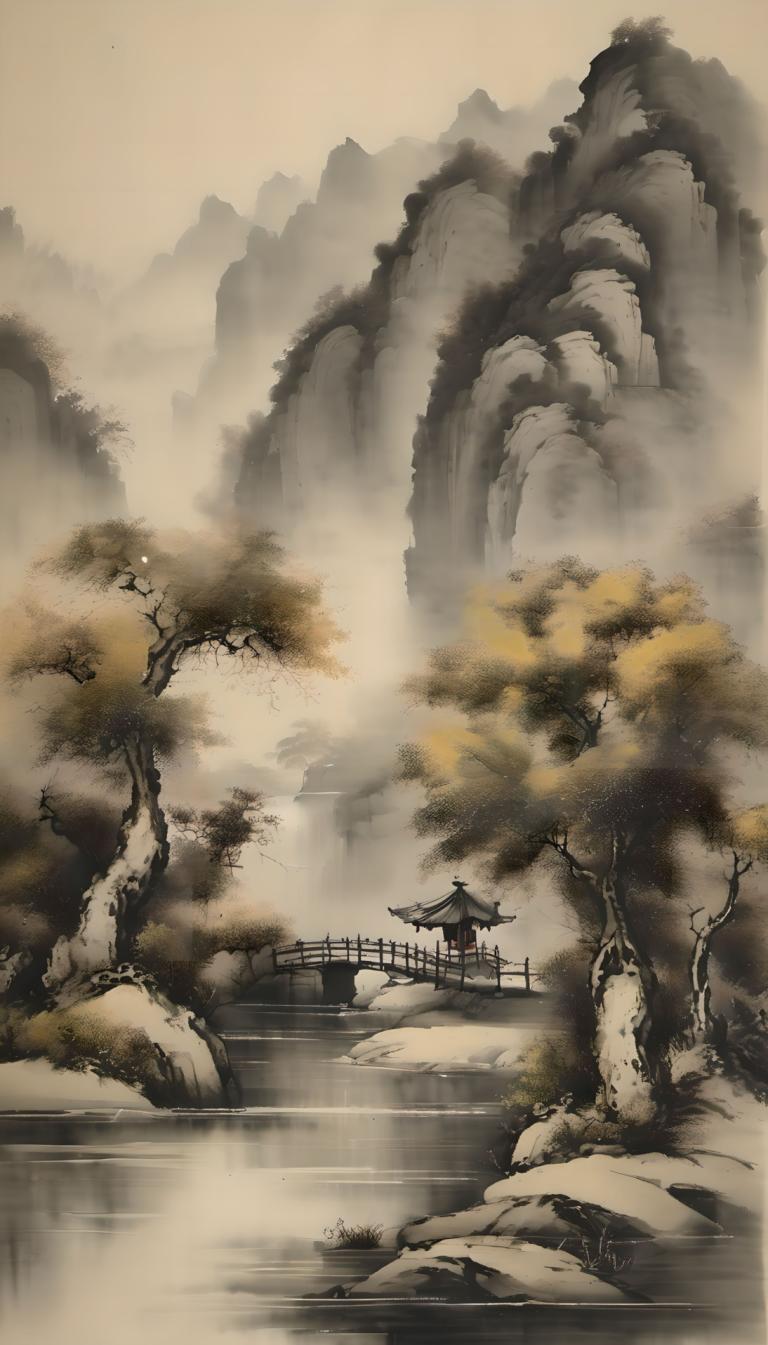 Chinesische Gemälde,Chinesische Gemälde, Natur, Landschaft, Brücke, Landschaft, Baum, keine Menschen, Nebel