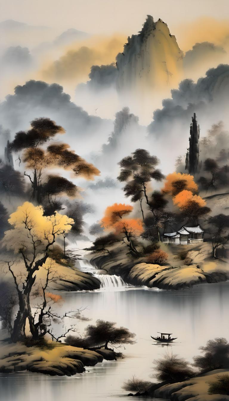 Chinese Paintings,Chinese Paintings, Nature, landscape, tree, scenery, no humans, water, waterfall, river