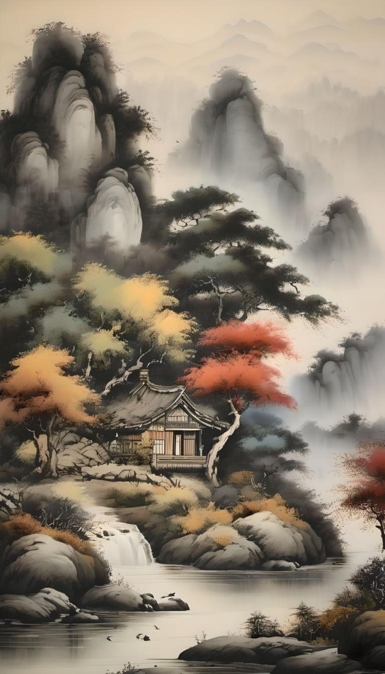 中国絵画,中国絵画, 自然, 風景, 人間がいない, 木, 景色, 山, ロック, 自然, 屋外, 水, 建築, 森, 東アジアの建築, 風景