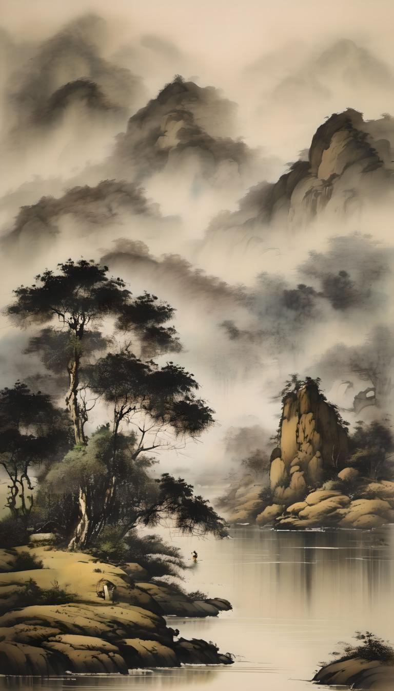 Chinesische Gemälde,Chinesische Gemälde, Natur, Landschaft, keine Menschen, Baum, Landschaft, Wolke, Wasser