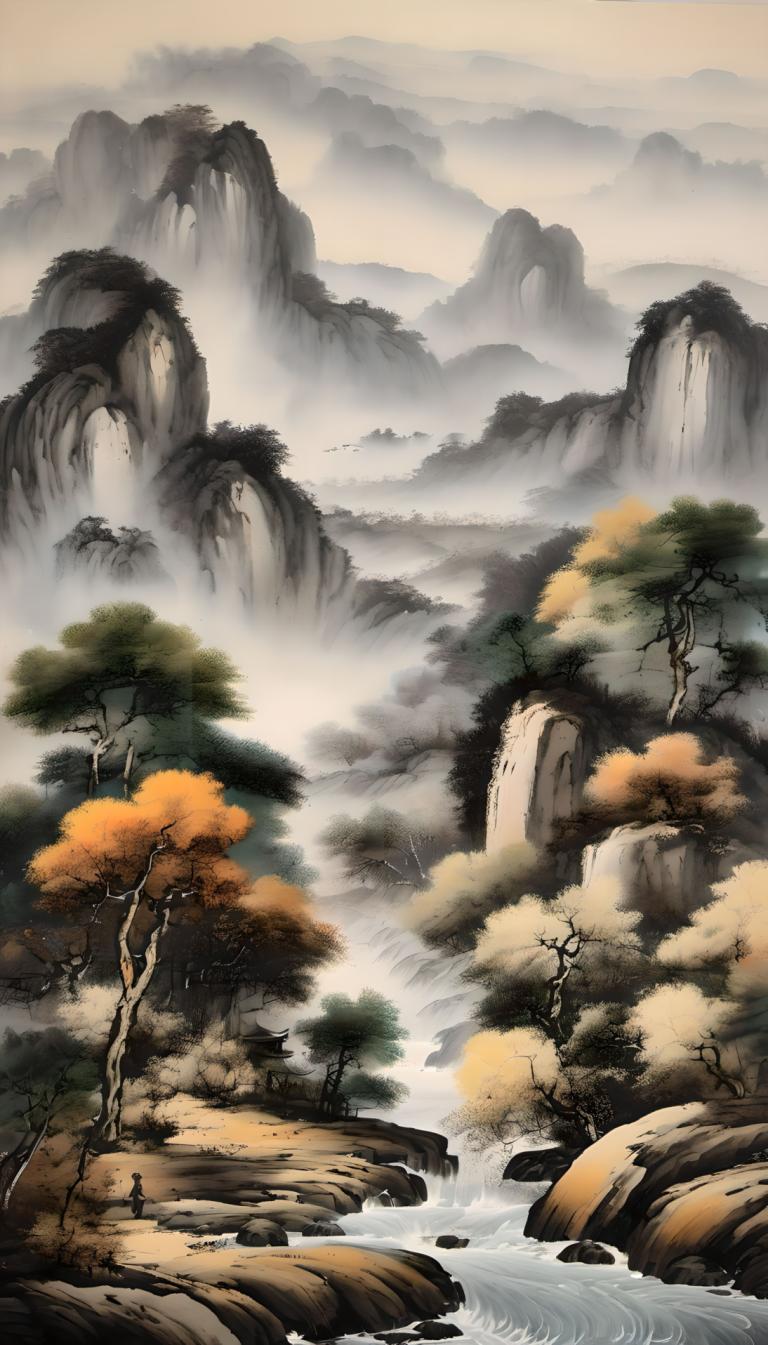 Chinese Paintings,Chinese Paintings, Nature, landscape, no humans, scenery, tree, water, waterfall, outdoors