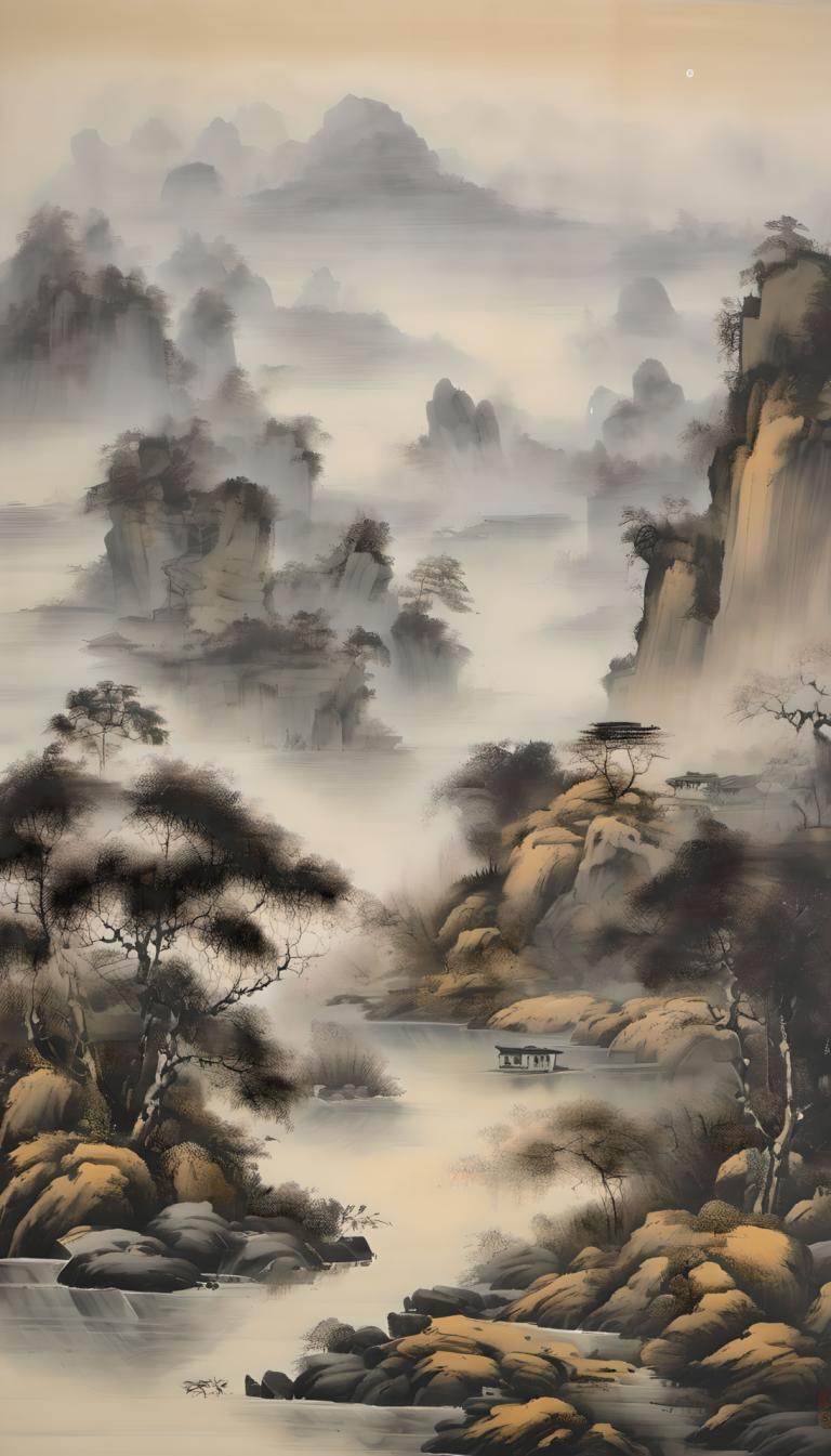 Chinese Paintings,Chinese Paintings, Nature, landscape, no humans, scenery, tree, mountain, sky, water