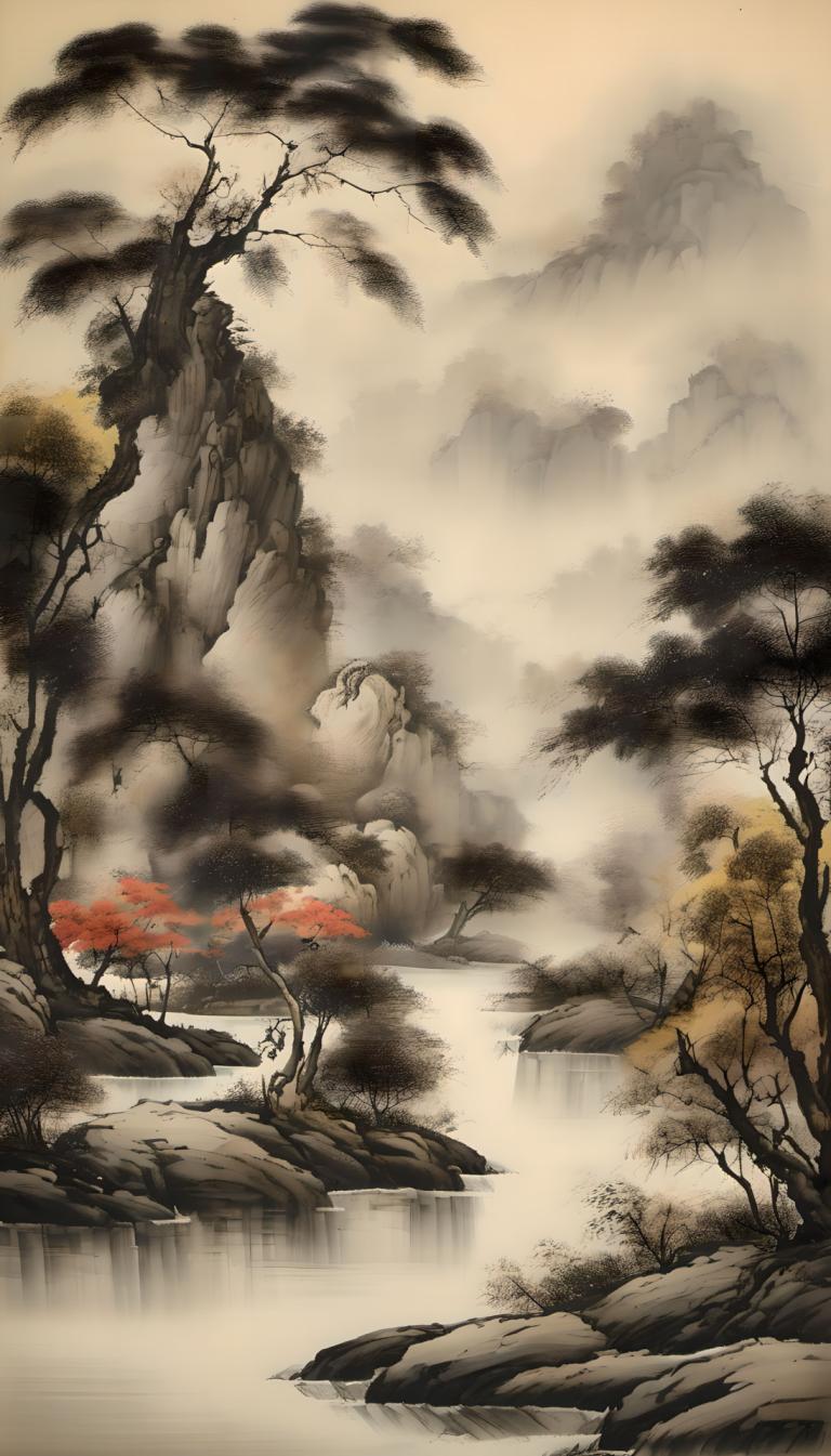 中国絵画,中国絵画, 自然, 風景, 人間がいない, 木, 景色, 霧, 自然, 水, 屋外, 川, ロック, 森, 風景, 山