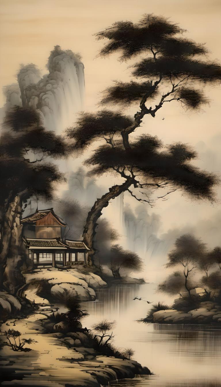 中国絵画,中国絵画, 自然, 風景, 人間がいない, 木, 景色, 水, 屋外, 建築, 建物, 空