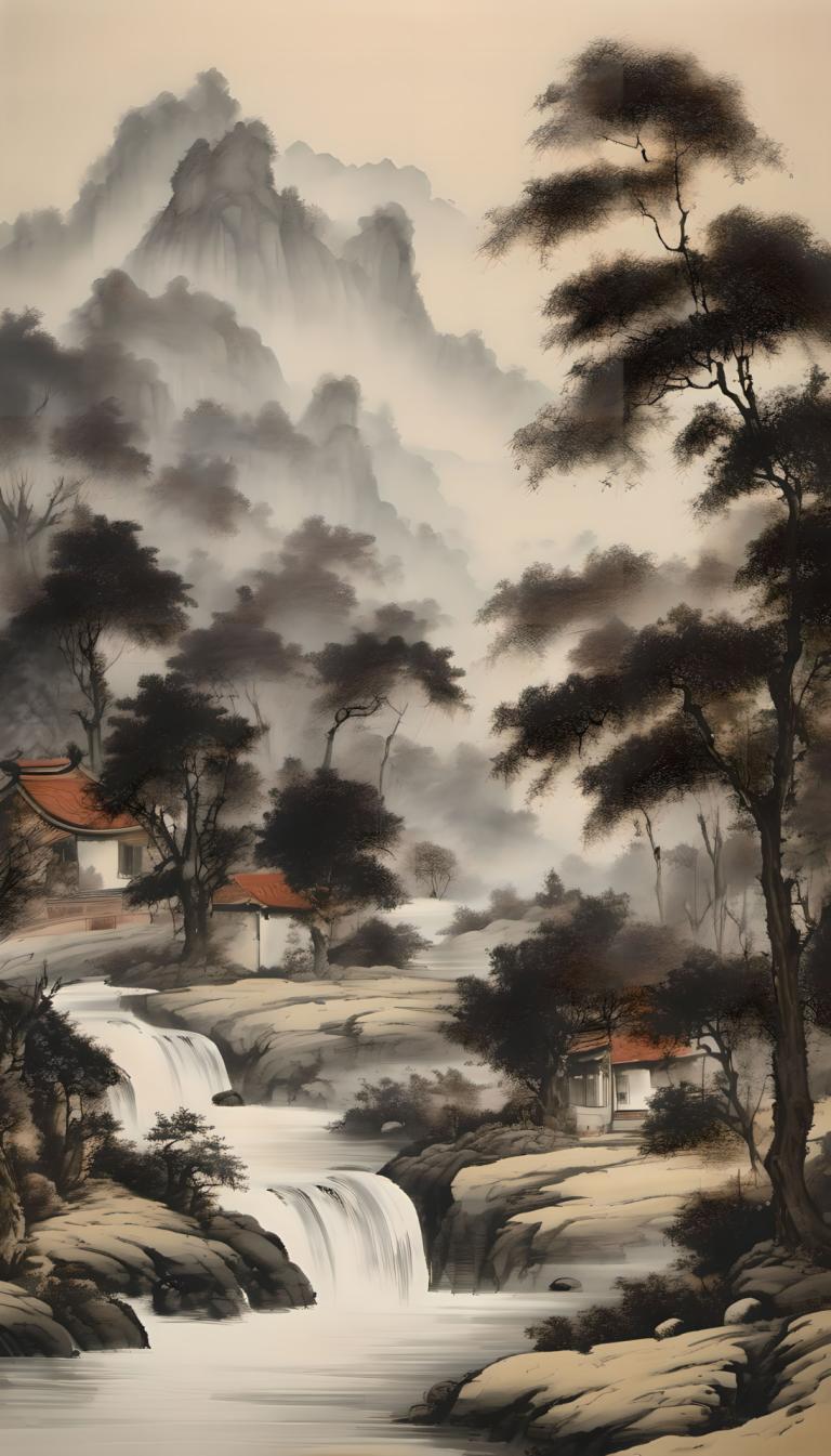 中国絵画,中国絵画, 自然, 風景, 人間がいない, 景色, 木, 水, 屋外, 山, 滝, 自然, 川, 森, 空