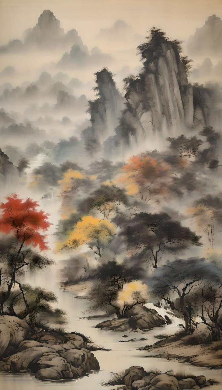 Chinese Paintings,Chinese Paintings, Nature, landscape, no humans, scenery, tree, outdoors, waterfall, nature